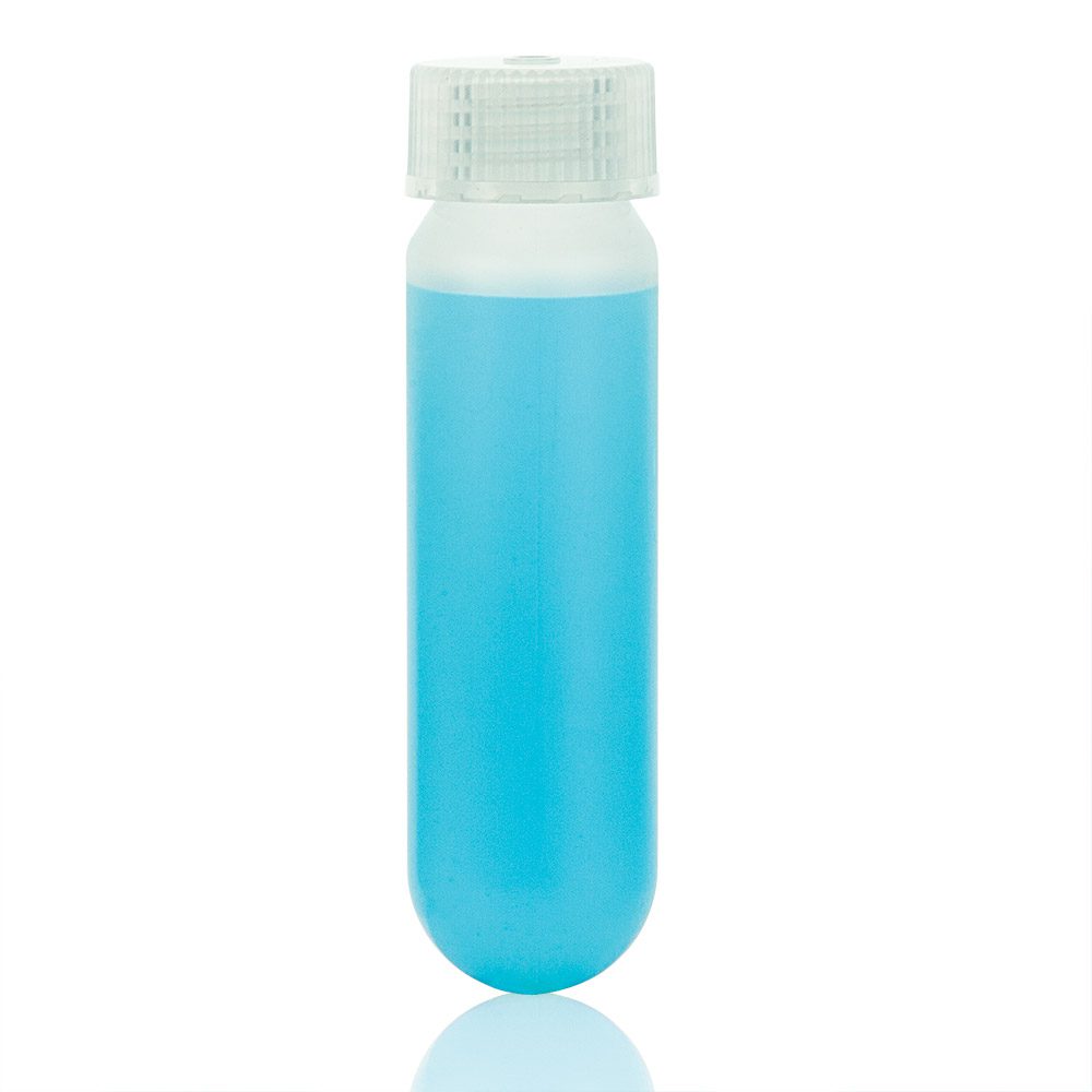 A blue tube of liquid is sitting on the floor.