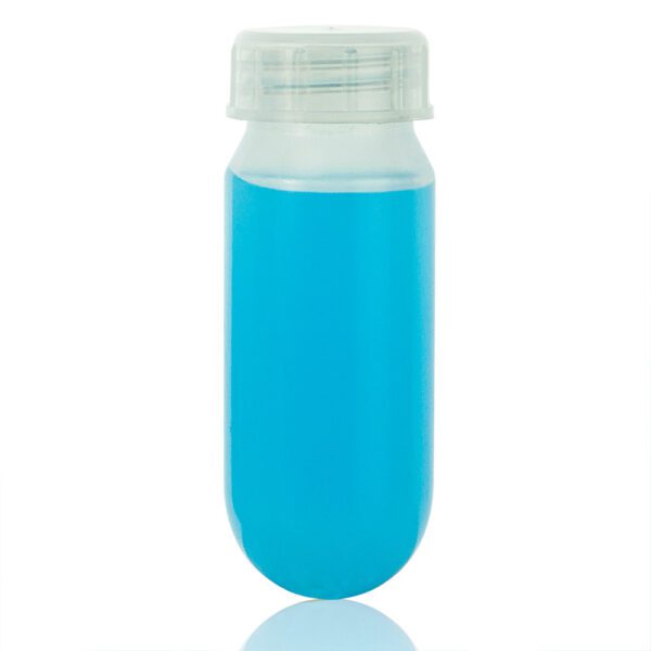 A blue bottle with a white cap on it.