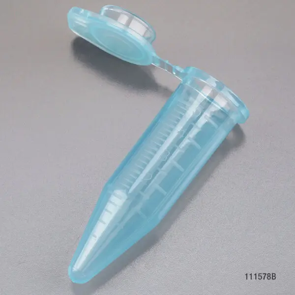 A blue plastic tube with a clear cap.