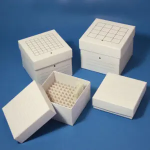 A group of white boxes with compartments on top.