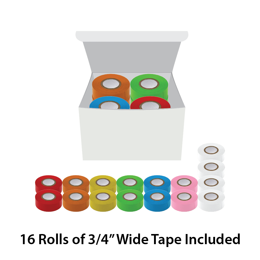 A box of rolls of tape in different colors.