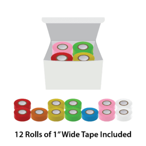 A box of rolls of tape in different colors.
