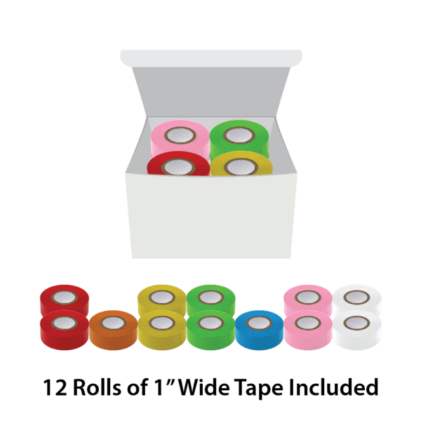 A box of rolls of colored tape