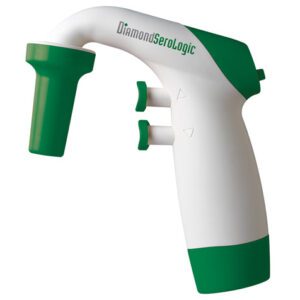 A green and white hand held device with three different handles.