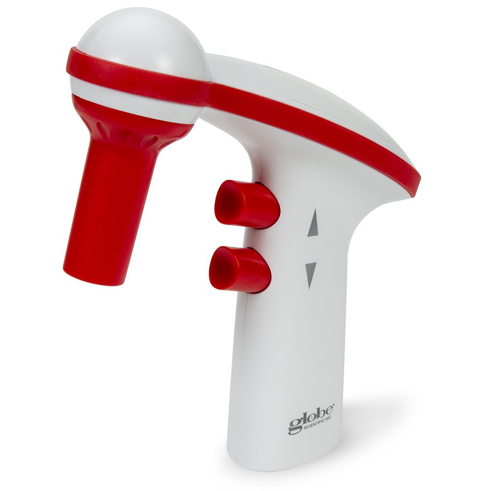 A red and white hand held device with a handle.