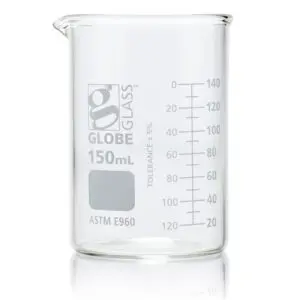 A glass beaker with a measuring scale on top of it.