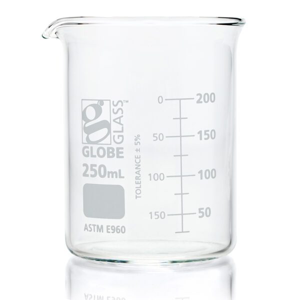 A glass beaker with the number 2 5 0 on it.