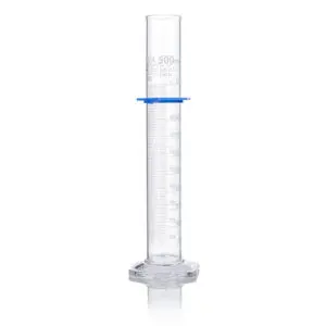 A clear glass tube with blue trim and a measuring cup.