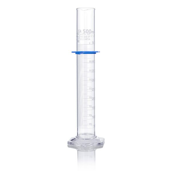 A clear glass tube with blue trim and a measuring cup.