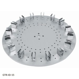 A round metal tray with holes for holding and organizing.