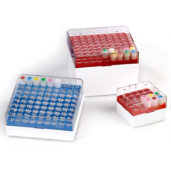 A group of three boxes filled with different types of blood samples.