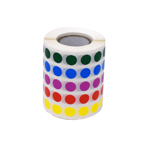 A roll of colored stickers on top of a white surface.