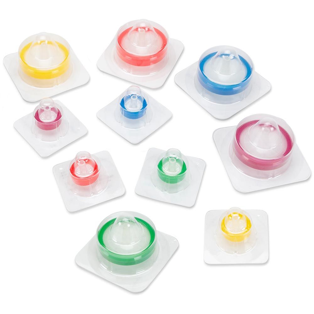 A group of plastic containers with different colored lids.