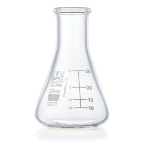 A clear glass beaker with a measuring scale on it.