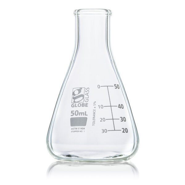 A glass beaker with a measuring scale on it.