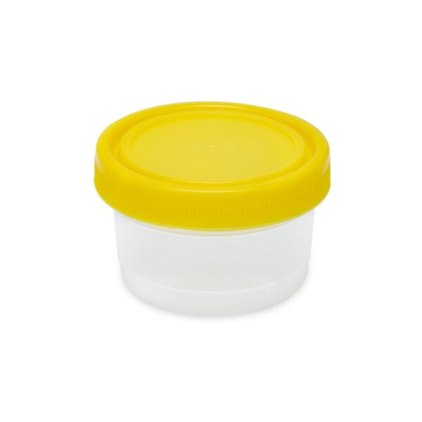 A yellow lid is on the container.