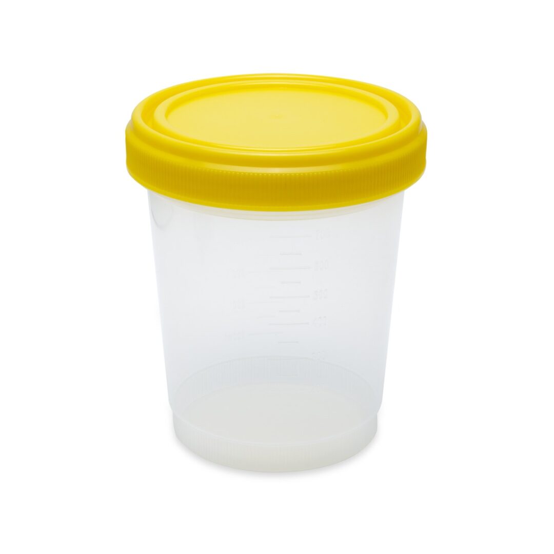 A plastic container with yellow lid on top of white ground.