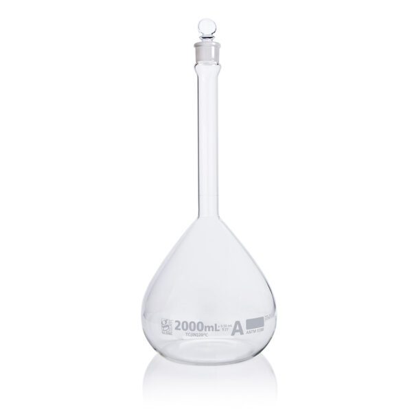 A clear glass flask with a white cap.