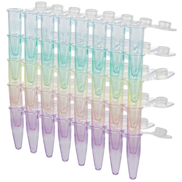 A stack of plastic test tubes with colored tops.