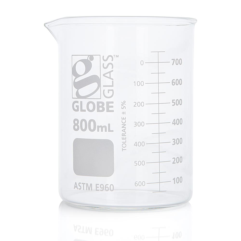 A glass beaker with the number 8 0 0 ml.