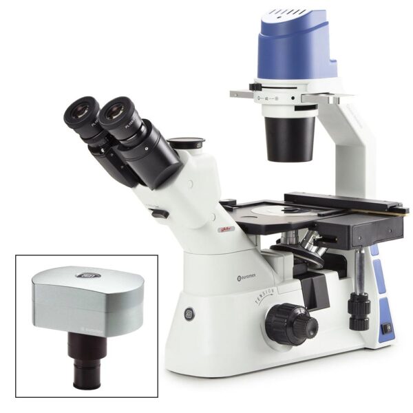 Inverted trinocular microscope with mech, stage 10/20/40x, w/ camera; 1 Each